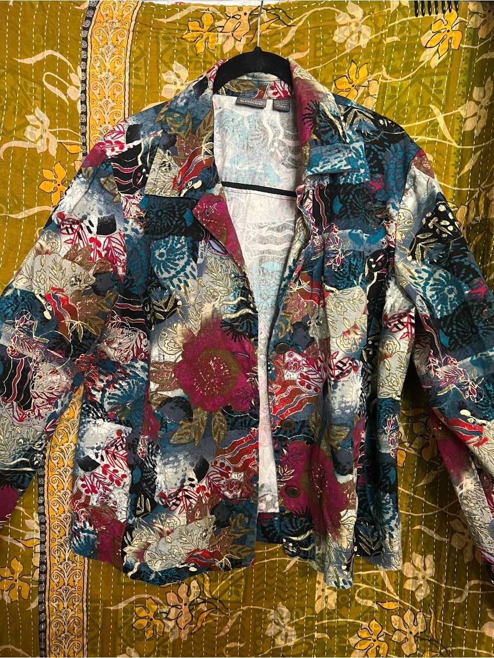 Chico's Multicolor Floral Patchwork Jean Jacket with Teal and Magenta Accents